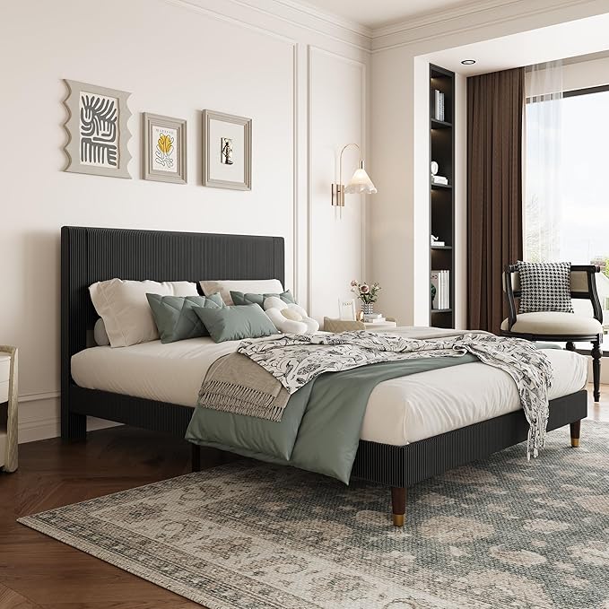 GarveeHome Queen Size Bed Frame with Upholstered Headboard and Strong Wooden Slats Support, Soft Corduroy Fabric Platform Bed, No Boxing Spring Needed, Easy Assembly, Black