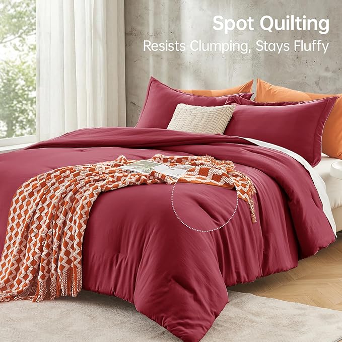 MUXHOMO Queen Comforter Set, All Season Ultra Soft Down Alternative Bedding - 3 Piece Lightweight Bed Set Includes 1 Comforter (90"x90") and 2 Pillow Shams (20"x26"), Burgundy Red