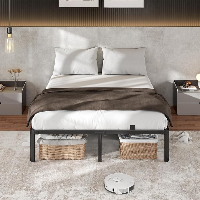 Metal Bed Frame Queen Size, 14 Inch 3500 lbs Heavy Duty Platform Bed Frames Steel Slats Noise Free No Box Spring Needed, Easy Assemble Sturdy Bedframe with Storage and Mattress Retainers