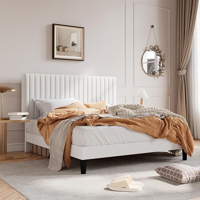 SHA CERLIN Queen Upholstered Platform Bed Frame with Vertical Channel Tufted Velvet Fabric Adjustable Headboard, Wooden Slats Support, Mattress Foundation, Box Spring Optional, White