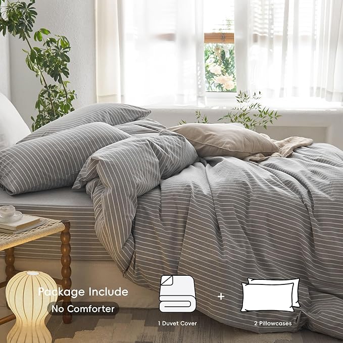 MooMee Striped Duvet Cover Set 100% Washed Cotton Linen Like Textured Breathable Durable Soft Comfy (Light Grey White Wide Stripes, Queen 90"x90")