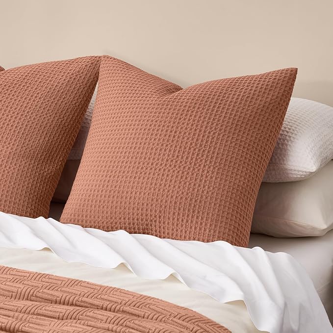 PHF Ultra Soft Waffle Weave Euro Shams Pillow Covers, No Filling, 2 Pack 26" x 26" Bed Cushion Covers, Breathable & Skin-Friendly Bed Pillow Shams for Stylish Home Decor, Burnt Umber