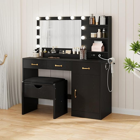 GarveeHome Vanity Desk with Mirror and Lights, Vanity Set with Upholstered Storage Stool, Makeup Vanity with Power Outlet & 11 LED Bulbs, Dressing Table with 3 Drawers & Storage Shelves, Pure Black