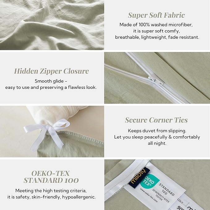 MILDLY Super Soft Duvet Cover - 100% Washed Microfiber October Mist Sage Comforter Cover Set 3 Pieces with Zipper Closure & Corner Ties (No Comforter)