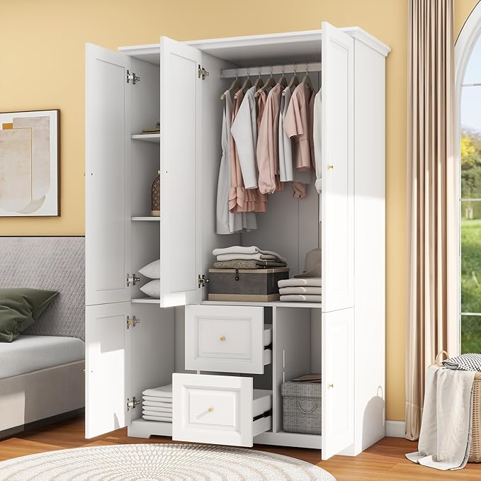 Armoire Wardrobe Closet with 3 Drawers: 74" White Wardrobe Closet with 3 Doors, Large Wardrobes Closets for Hanging Clothes, Bedroom Armoires and Wardrobes