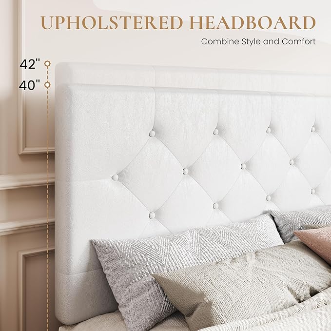 SHA CERLIN Upholstered Full Platform Storage Bed Frame with 4 Drawers, Adjustable Headboard with Faux Leather Diamond Button Tufted Design, Wooden Slat Support, No Box Spring Needed, White