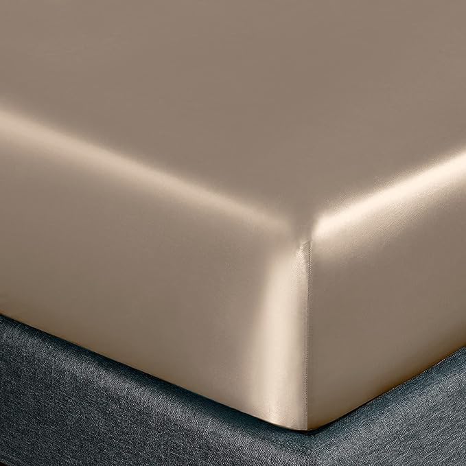 Homiest 4pcs RV Short Queen Satin Sheets Set Luxury Silky Satin Bedding Set with 10" Deep Pocket, Camper Queen Sheets, 1 Fitted Sheet + 1 Flat Sheet + 2 Pillowcases (RV Short Queen, Taupe)