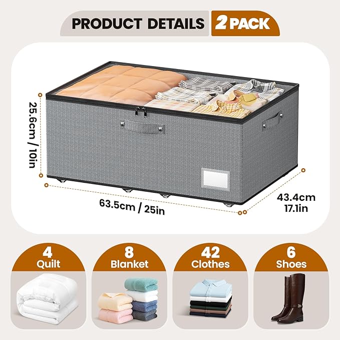 Dayacoco Under Bed Storage With Wheels,10 Inches Under Bed Storage Containers,65L Large Capacity,No Assembly Required Rolling Under Bed Storage for Clothes,Blankets,Shoes,Grey