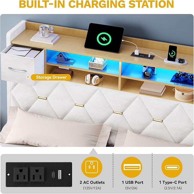 YITAHOME King Size Bed Frame with 2 Storage Drawers and Storage Headboard, Upholstered Platform with Charging Station and LED Light, No Box Spring Needed, Noise Free, Easy Assembly, Velvet White