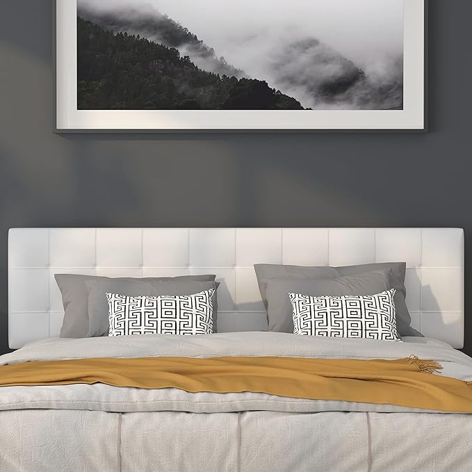 Flash Furniture Bedford Box Stitch Tufted Upholstered King Size Headboard in White Fabric