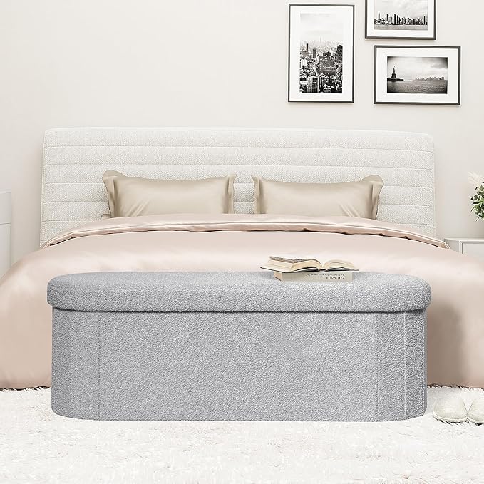 PINPLUS Storage Ottoman Bench Tufted Folding Ottomans Bench Foot Rest, Chest Box Velvet Bench with Storage, 43"x15"x15" (Grey)