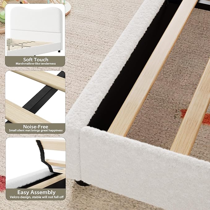 GarveeHome Boucle Full Size Bed Frame with Upholstered Headboard, Soft Low Profile Sturdy Platform Bed with Rounded Corners Design, Heavy Duty, Wooden Slats, Noise Free, No Box Spring Needed, White