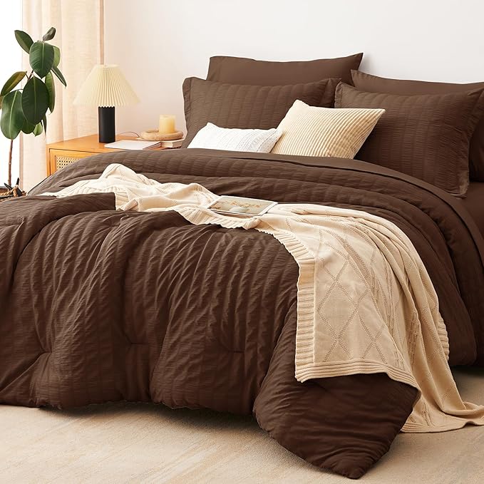 CozyLux Twin XL Comforter Set with Sheets Seersucker Brown 5 Pieces Bed in a Bag, Twin Extra Long Luxury Soft Bedding Sets for College Dorm with Down Alternative Comforter, Sheets, Pillowcase & Sham
