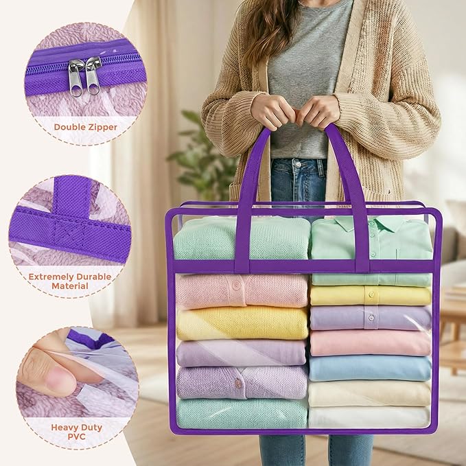 4 Pack Clear Zippered Storage Bags for Clothes, Closet Organizers and Storage Vinyl Bag for Bedding, Linen, Blankets, Comforters, Clothes & Toys Multi Purpose & Space Saver PVC Organizers