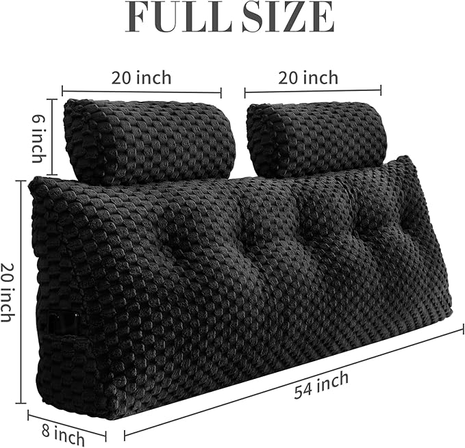 Wedge Headboard Pillow - Bed Wedge Pillow for Headboard Triangular Headboard Pillow with Neck Roll Pillow-Large Bolster Pillow for Sitting in Bed Backrest Positioning Support (Black,54x8x20 Inches)