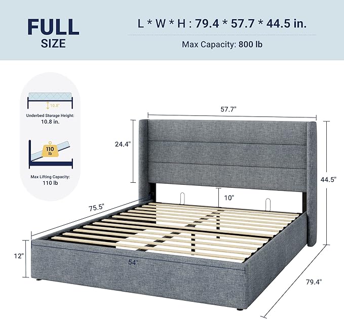 Allewie Full Size Lift Up Storage Bed, Modern Wingback Headboard, Hydraulic Support, No Box Spring Needed, Grey Blue