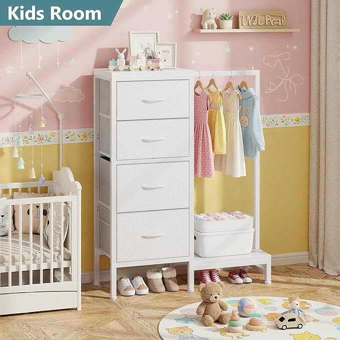 HIGDBFE Tall Dresser 44''H with Hanging Rack, 4 Drawers Small Closet Dresser for Bedroom, Reversible Fabric Chest of Drawers with Clothes Rack, Tall Storage Tower, Sturdy Frame, White
