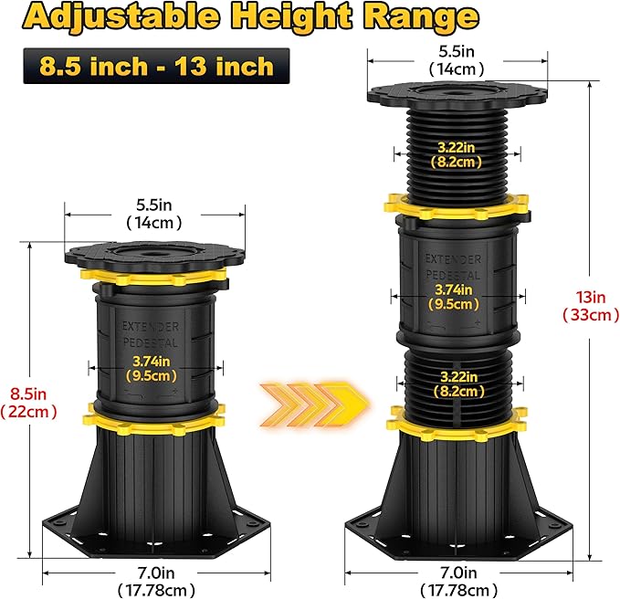 Wlrrcwdttc 2 Pcs Adjustable Height Bed Support Legs, 8.5-13 inch, Black Plastic, Bed Frame/Bed Center Slat Support, Reinforcement Parts