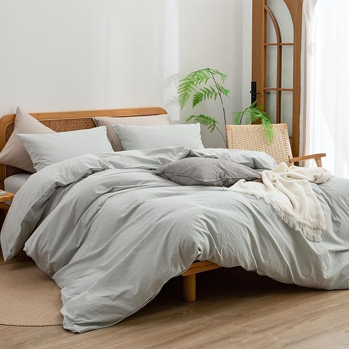 BESTOUCH Duvet Cover Set 100% Washed Cotton Linen Feel Super Soft Comfortable Chic Lightweight 3 PCs Home Bedding Set Solid Northern Droplet Grey Alaska King