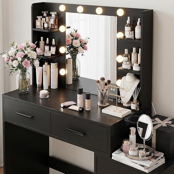 YESHOMY Makeup Vanity Desk with Mirror & Lights, Vanity Table with 5 Drawer, 6 Shelves, Charging Station for Bedroom, Dressing Room, Dark Black