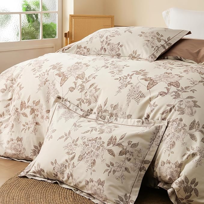 Duvet Cover Set Queen Size Floral Pattern 600 Thread Count Ultra Soft 100% Long Staple Cotton Duvet Cover Sets 3-PC, Breathable Duvet Cover with Zipper Closure & Corner Ties