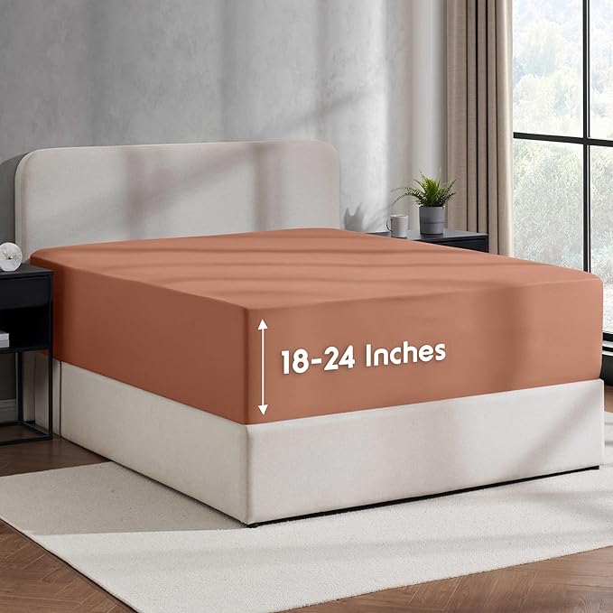 Nestl 4 Pack Rust Fitted Sheet Extra Deep Pocket, Hotel Luxury KingFitted Sheet Only Easily Fits 18 to 24 Inch Mattress, Super Soft, Wrinkle-Free and Breathable with Corner Straps