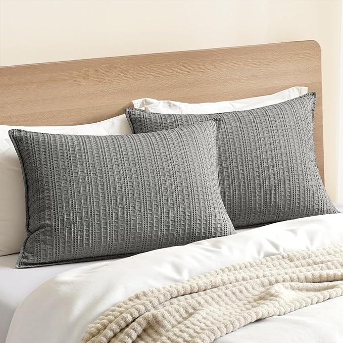 100% Cotton Waffle Pillow Shams Standard Size, 2 Pack 20x26 Decorative Pillow Covers for Bed Couch Sofa, Neutral Weave Cushion Cases Modern Farmhouse Home Decor, Dark Grey