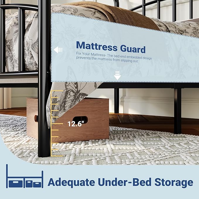 Allewie 14 Inches Twin Size Metal Platform Bed Frame with Elegant Crown Iron-Art Headboard & Footboard, Sturdy Mattress Foundation with Under-Bed Storage, Easy Assembly, No Box Spring Needed, Black