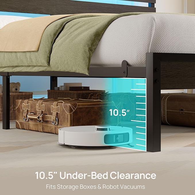 Rolanstar Full Size Bed Frame with USB Charging Station, LED Bed Frame with Wood Storage Headboard, Black Metal Platform Bed with Under Bed Storage, No Box Spring Needed, Noise Free