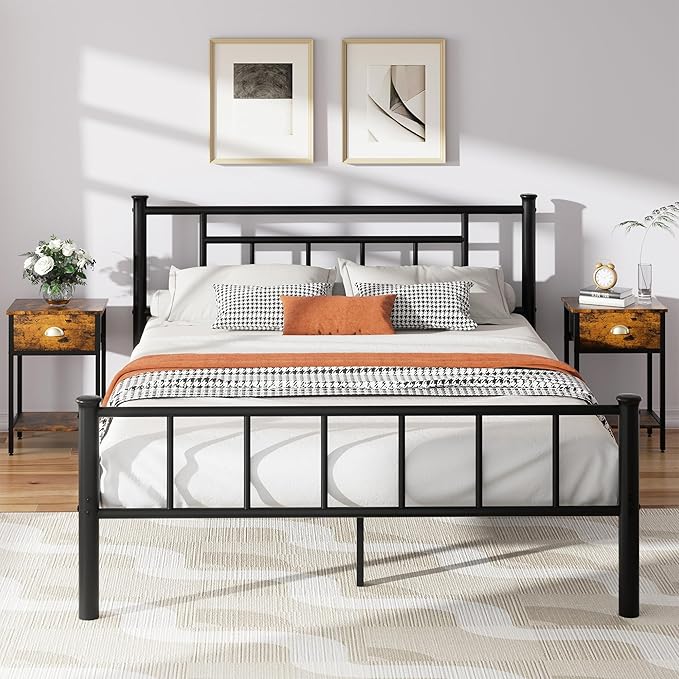 Shintenchi Queen Size Metal Platform Bed Frame with Headboard & Footboard, Steel Slat Mattress Foundation, Under Bed Storage, Noise-Free, No Box Spring Needed, Black Square