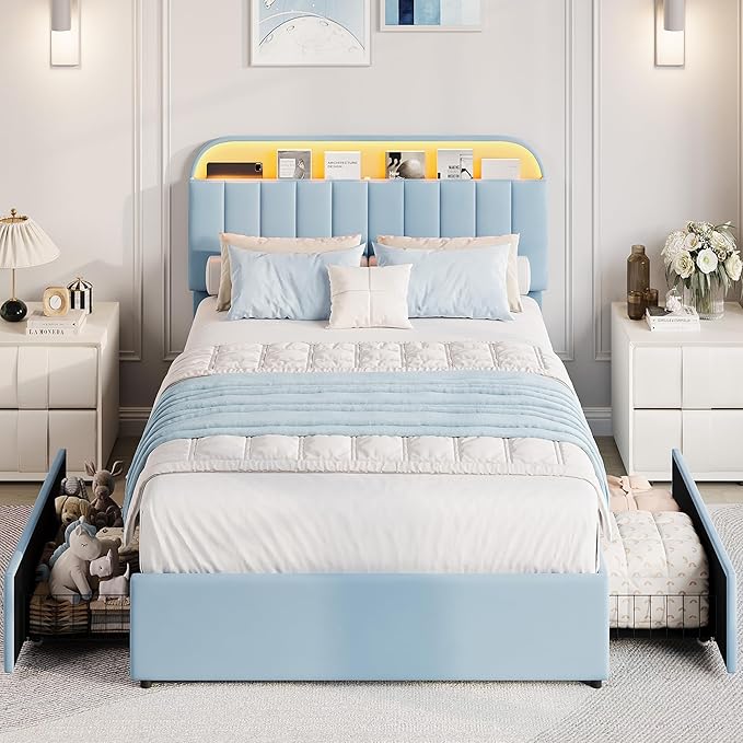 GarveeHome Full Bed Frame with Storage Headboard, Kids Bed Frame with 2 Drawers, Velvet Upholstered Platform Bed Frame with Lights, No Box Spring Needed, Easy Assembly, Velvet Blue