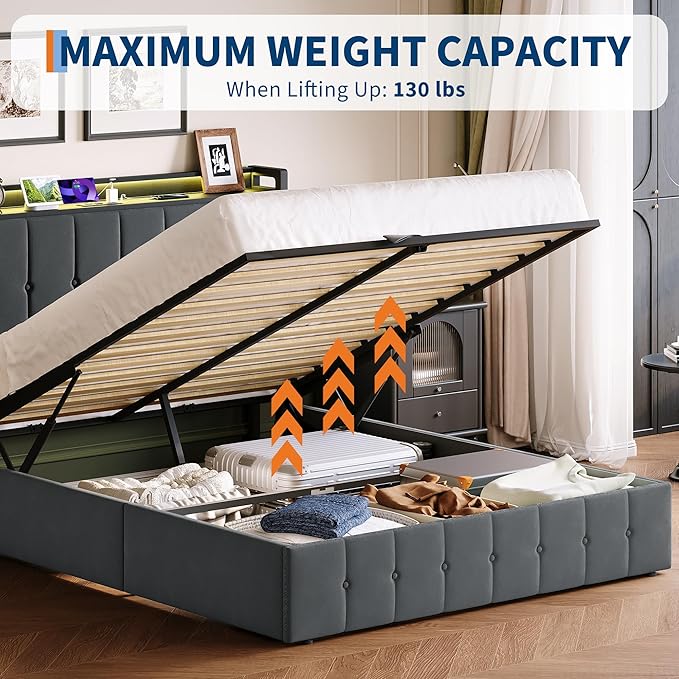 Garvee Full Size Lift Up Storage Bed with LED Lights, Upholstered Velvet Bed Frame with Storage Headboard & Charging Station, Metal Platform Bed, No Box Spring Needed, Solid Wooden Slats, Grey