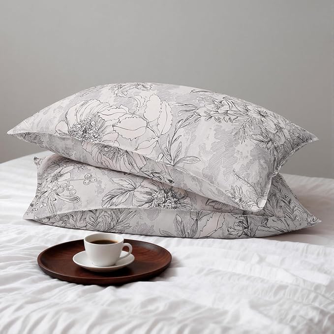 CHUFFED 100% French Linen Pillow Cases Sketch Floral Print, Farmhouse Floral Stone Washed Pillow Shams with Envelope Closure Soft Breathable Vintage Decorative Pillow Covers for Decor,20x30 inches