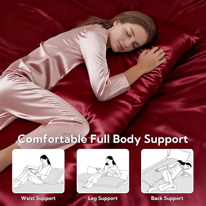 MR&HM Satin Body Pillow Cover, Soft and Breathable Body Pillow Case with Envelope Closure, Cooling and Silky Long Pillowcase for Hair and Skin,Grey (20x54, Burgundy)