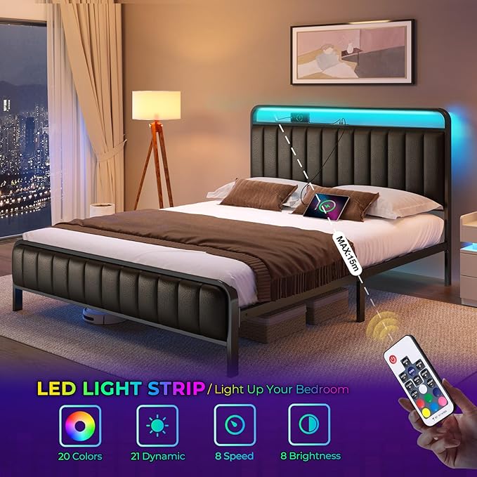 Rolanstar Queen Size Bed Frame with LED Light and Charging Station, Upholstered Headboard and Footboard, Metal Slat, Noise Free, Easy Assembly, Black