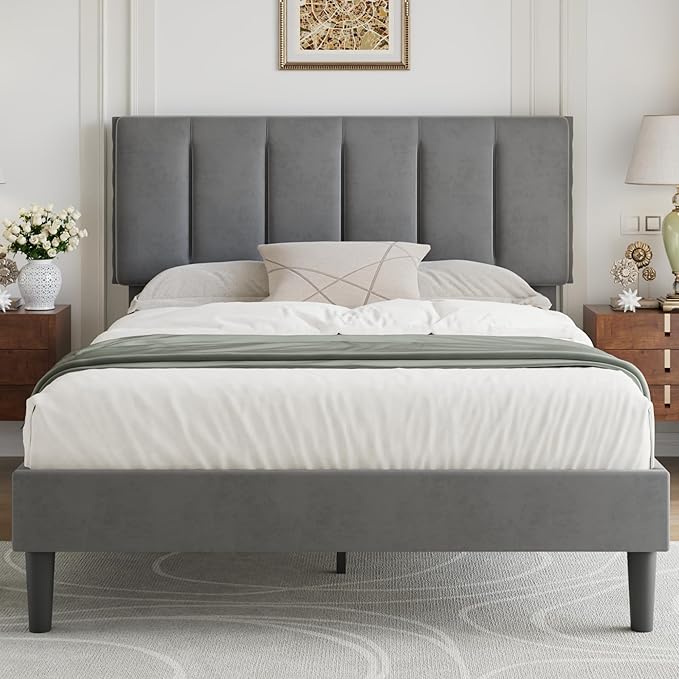 VECELO Full Size Bed Frame with Upholstered Headboard, Platform Bedframe with Strong Wooden Slats Support, No Boxing Spring Needed, Dark Grey
