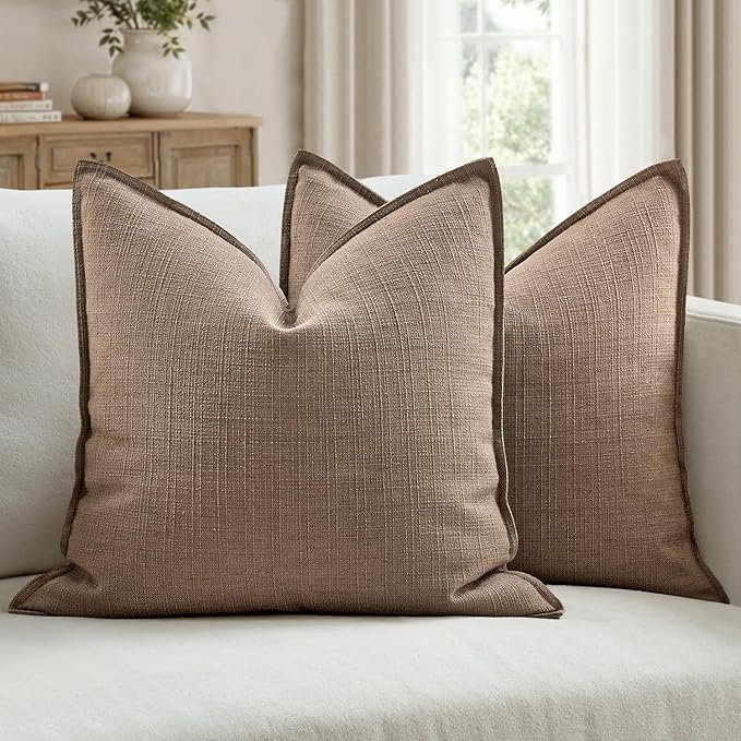 MIULEE Pack of 2 Thick Textured Couch Throw Pillow Covers, Coco Brown Decorative Pillow Covers 18x18, Neutral Linen Cushion Cases for Sofa Bed Living Room Modern Farmhouse Home Decor, No Filling
