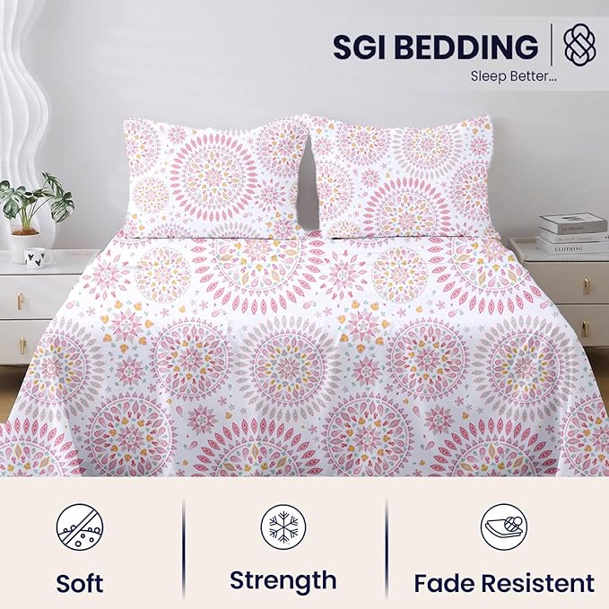 SGI bedding 100% Egyptian Cotton Sheets Twin XL Size – 600 Thread Count Sheets Set, Soft, Cooling, 15" Deep Pocket, Luxury Hotel Bedding, Breathable, Durable -Boho Mandala