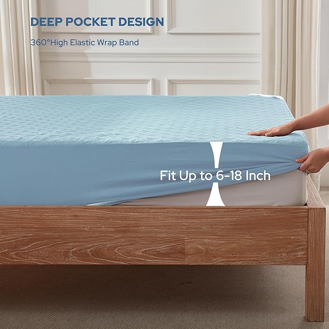 BEDLORE Waterproof Mattress Protector, Cal King Size Mattress Pad with Deep Pocket 6"-24" Depth, Soft Dirt-Proof Double Bed Mattress Cover for Bedroom, College Dorm, Hotel (Sky Blue)