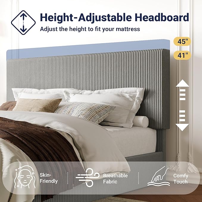 Allewie King Bed Frame, Upholstered Platform Bed, Adjustable Vertical Channel Tufted Headboard, Corduroy Fabric, Modern Low Profile, Wooden Slats, No Box Spring Needed, Easy Assembly, Light Grey