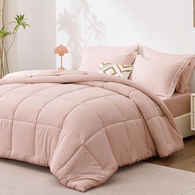 Love's cabin Twin Comforter Set Blush Pink, 5 Pieces Twin Bed in a Bag, All Season Bedding Sets with 1 Comforter, 1 Flat Sheet, 1 Fitted Sheet, 1 Pillowcase and 1 Pillow Sham | Soft, Breathable, Lightweight, Comfortable