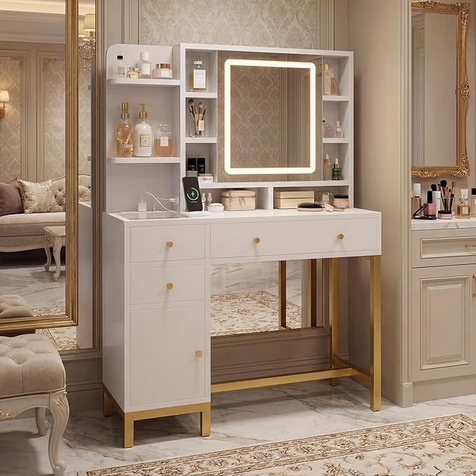 White Vanity Desk with LED Lighted Mirror & Power Outlet, 3 Lighting Modes, Brightness Adjustable Glass Top Makeup Table for Bedroom, White and Gold Dressing Table for Women – Beauty Station & Organiz