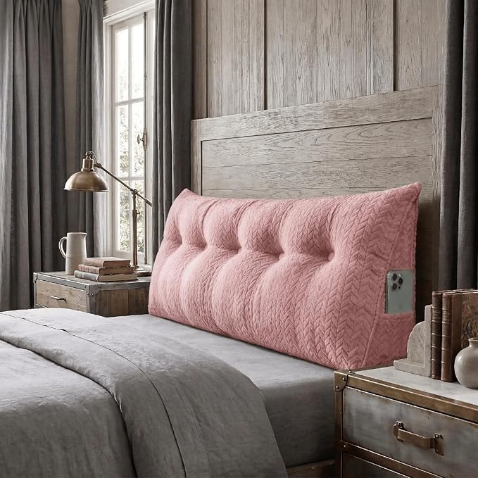 Headboard Pillow Queen Size, Reading Pillow for Bed, Leaf Pattern Wedge Pillow, Tufted Backrest Support, Headboard Substitute, Pink