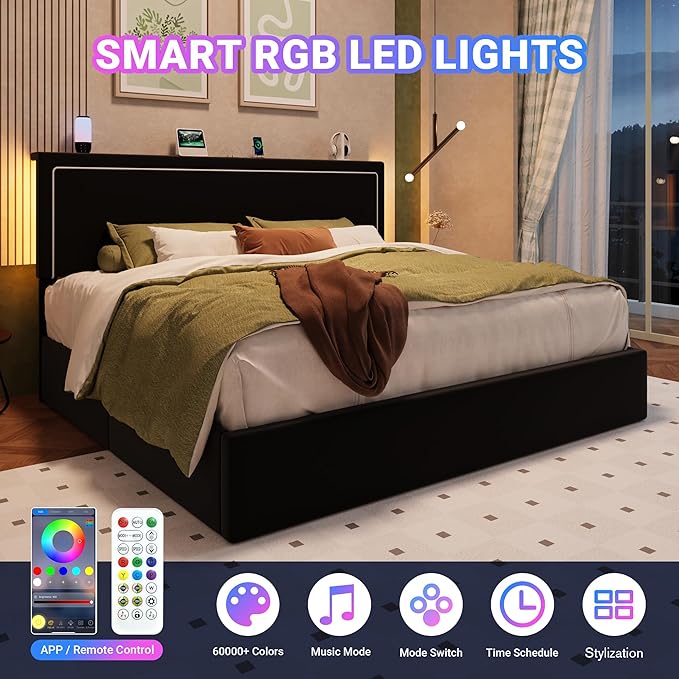 Allewie King Size Lift Up Storage Bed Frame with Charging Station & LED Lights, Adjustable Velvet Upholstered Storage Headboard, Type-C & USB Ports, Hydraulic Support, No Box Spring Needed, Black