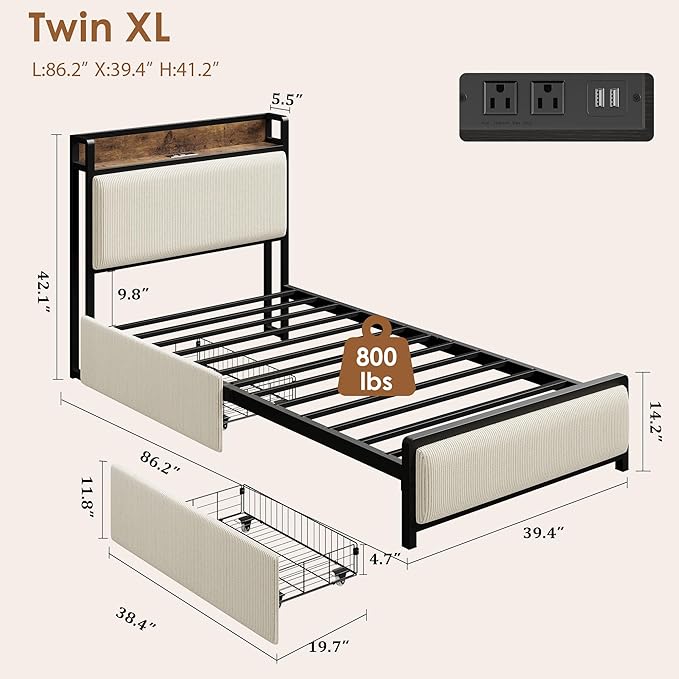 Twin-XL Size Bed Frame with Storage Headboard, Black Corduroy Upholstered Twin Platform Bedframe with Storage Drawers and Charging Station, No Box Spring Needed, Noise Free