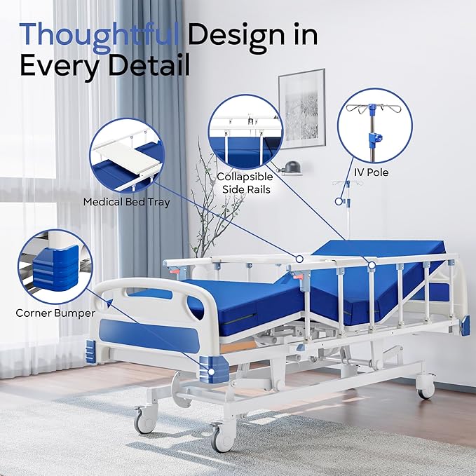 Premium Full Electric Hospital Bed for Home Use, 5 Function Medical Bed with 4.7” Foam Mattress, Height Adjustable, Individual Locking, Includes Tray and Sheets (2X)