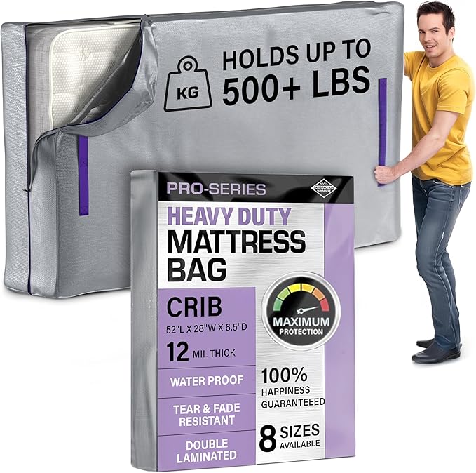 (Crib) 10 Mil Thick - Moving and Storage Mattress Bag w Zipper and 8 Carrying Handles - Waterproof - UV Resistant - Heavy Duty - Long Lasting (Silver, Crib)