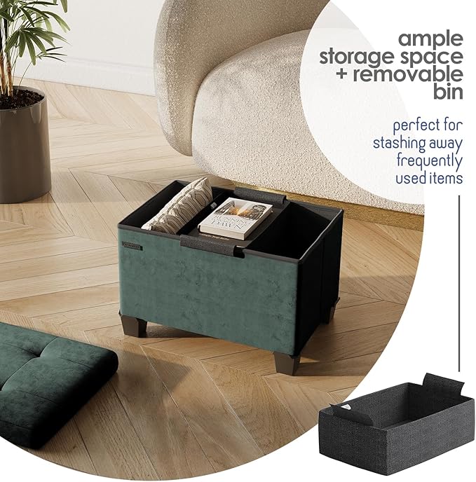 Storage Ottoman Cube with Small Bin, 16-in Square Ottoman with Storage for Living Room and Bedroom, Small Ottomans Foot Rest, Velvet Foot Stools Ottomans Max 330lbs, Green