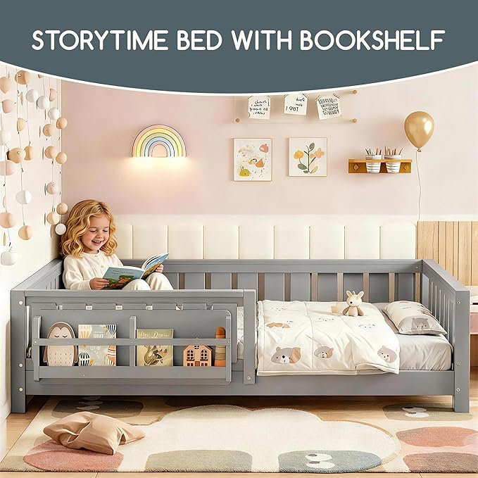 Bellemave Twin Floor Bed Frame with Fence & Bookshelf, Solid Pine Wood Twin Montessori Floor Bed with Slats Load 300LBS, Low Profile Floor Bed for Kids, Bedroom, Nursery, Easy Assembly, Grey
