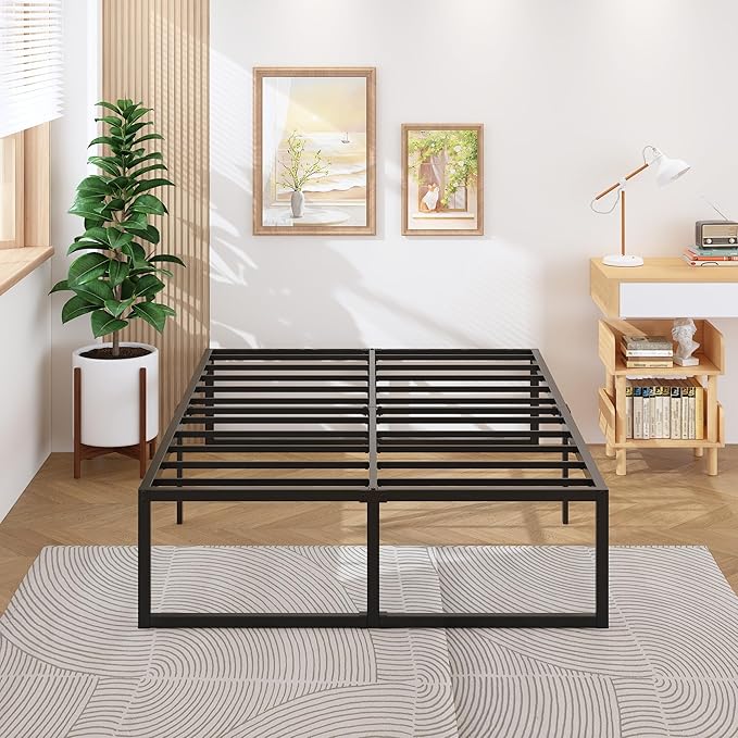 Lutown-Teen 18 Inch Full Size Bed Frame with Storage Bed Cover Skirt, Heavy Duty Metal Full Platform Bed Frame No Box Spring Needed, Easy Assembly, Noise Free, Black and Blue